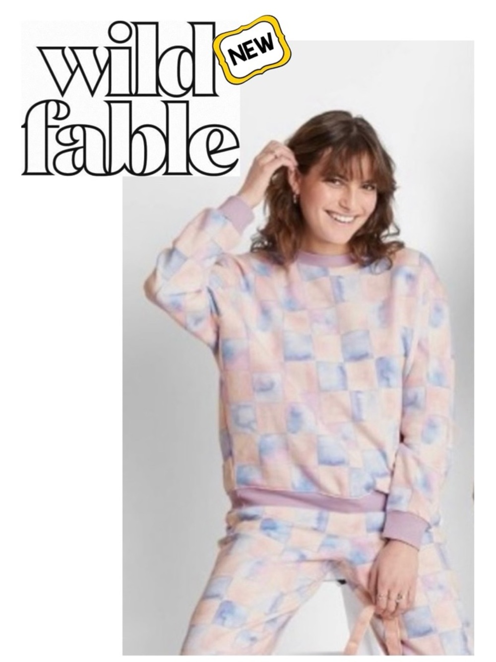 New WILD FABLE Oversize Checkered Sweatshirt Pink l Athleisure Whimsical Wmn S